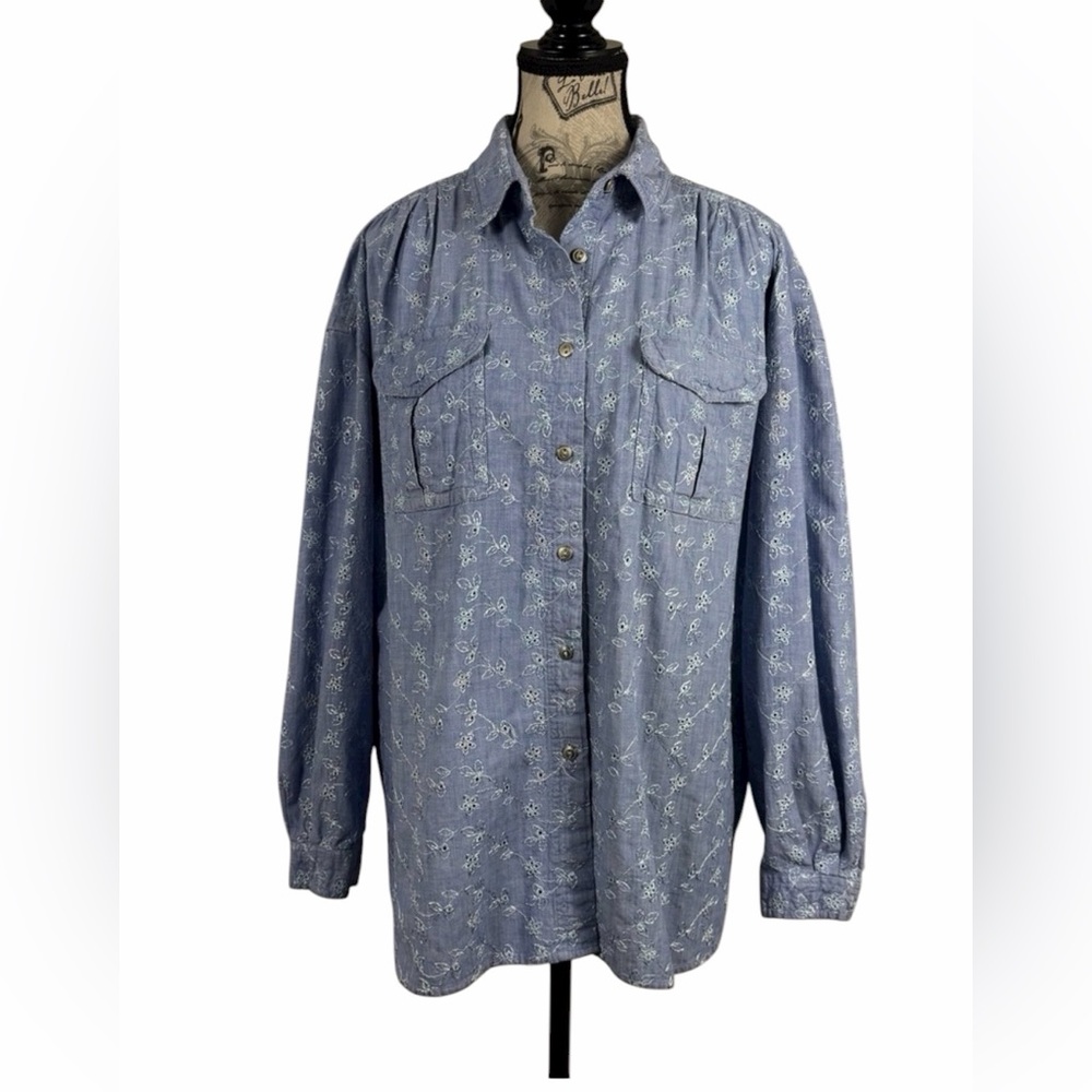 QPS Vintage Western CottageCore Cotton Embroidered Blue ButtonDown Shirt Size XL
